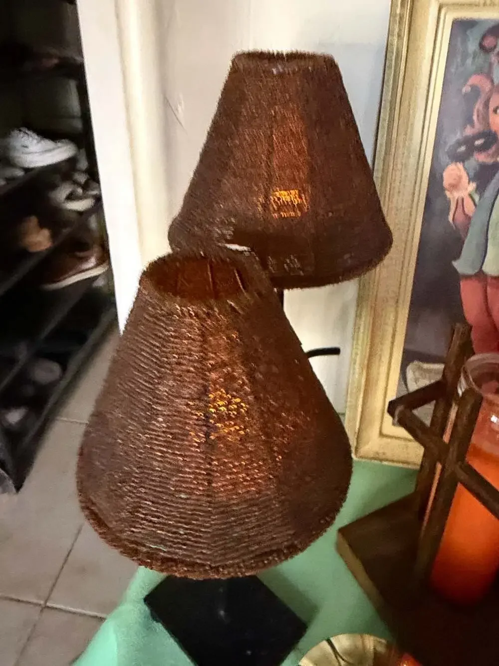 Set of 2 Tea Light lamps & Amber Glass Beaded Shades - ,